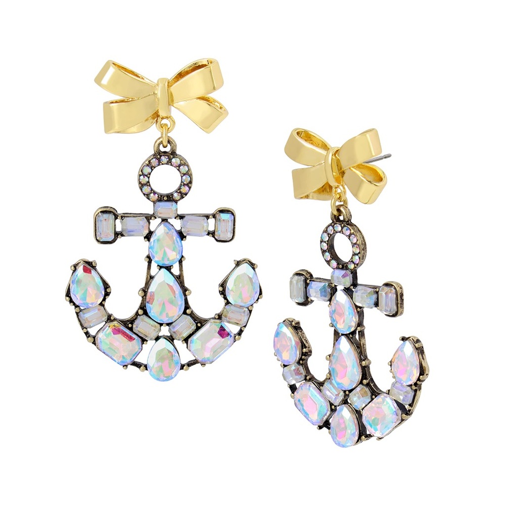 ⚜️Betsey Johnson Gold Bow Anchor Earrings with Iridescent Stones! NWT!